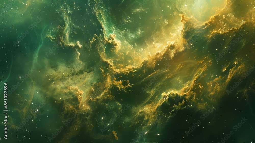 Fototapeta premium Swirling nebulae and cosmic dust in green and gold symbolizing infinite financial ventures