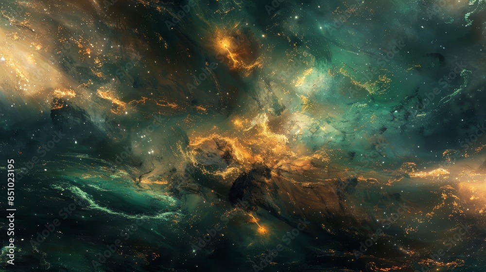 Swirling nebulae and cosmic dust in green and gold hint at financial possibilities Swirling nebulae and cosmic dust in green and gold hint at financial possibilities