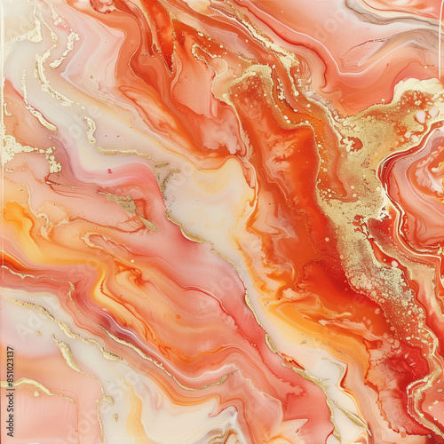 A stunning abstract painting with fluid marble patterns in warm, peachy, and coral hues. The composition features flowing, wavy lines and swirls, blending seamlessly with accents of gold and shimmerin photo