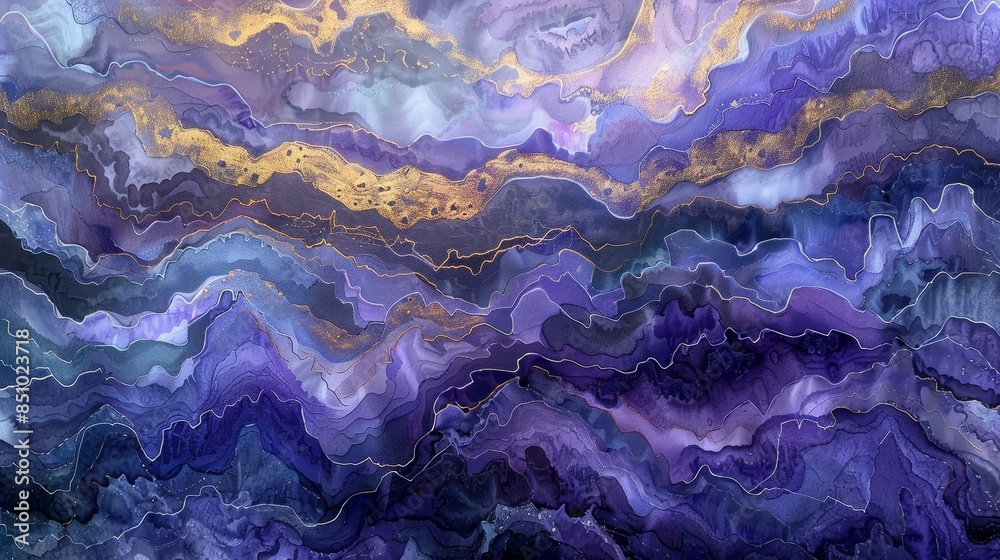 Violet and indigo layers cascade into silver and gold in twilight sea scene Violet and indigo layers cascade into silver and gold in twilight sea scene
