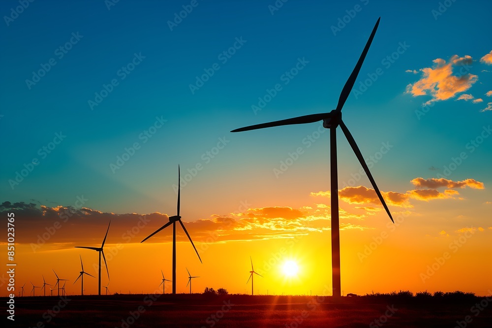 A Wind Farm At Sunset With Turbines Silhouetted Against The Sky, Sustainable Environment, Sustainable Electricity, Electric Source, Green Wind Energy