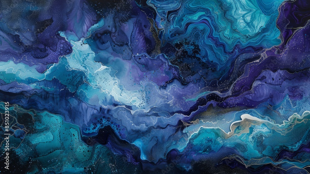 Indigo and teal blend with amethyst and emerald evoking a moonlit bay's allure Indigo and teal blend with amethyst and emerald evoking a moonlit bay's allure