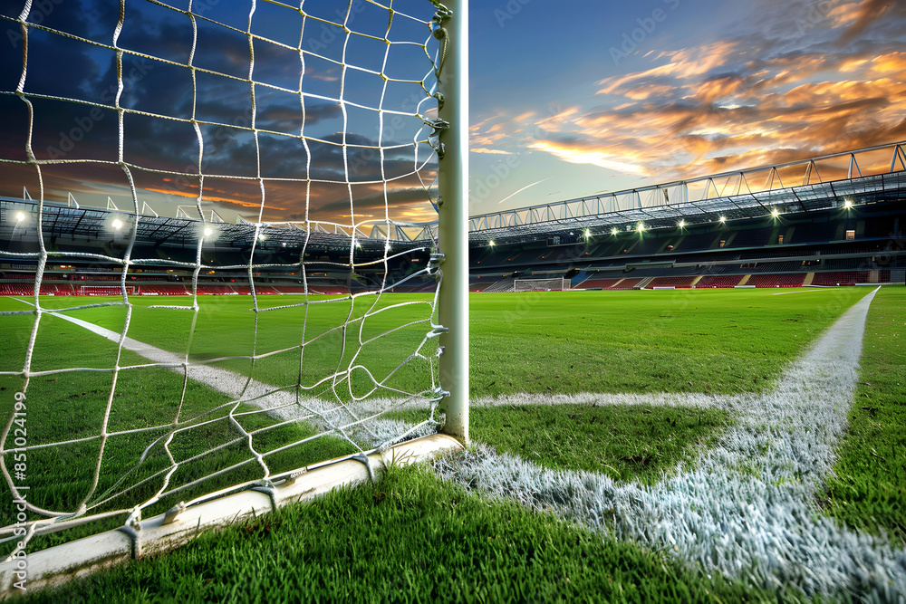 Fototapeta premium Soccer goal net with green field.
