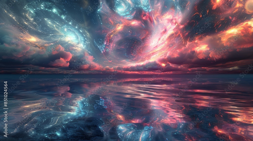 Cosmic collision of swirling galaxies reflected on a tranquil alien sea Cosmic collision of swirling galaxies reflected on a tranquil alien sea