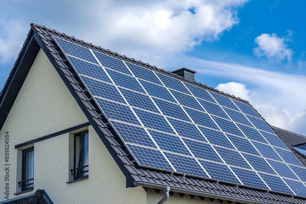 Naklejka premium Solar Panels Installed On A Modern Home Under Clear Blue Sunny Sky, Solar Photography, Solar Powered Clean Energy, Sustainable Resources, Electricity Source