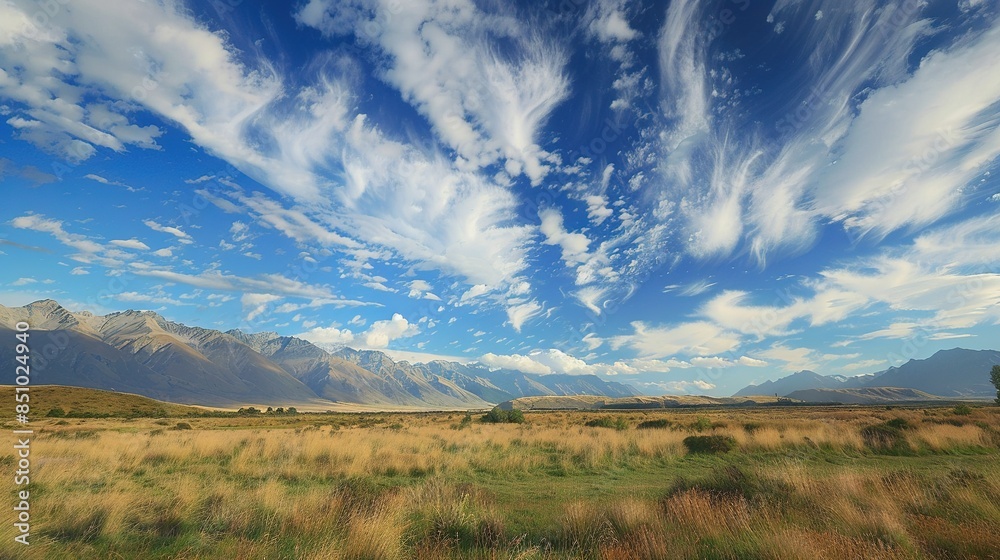 A grassy foreground, blue-sky midground with white clouds, and mountainous background A grassy foreground, blue-sky midground with white clouds, and mountainous background