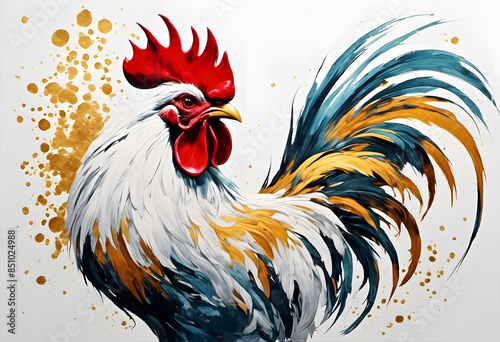 A vibrant and colorful illustration of a rooster with a prominent red comb and wattle, detailed feathers in shades of white, blue, and gold, and a dynamic pose. National Chicken Month.