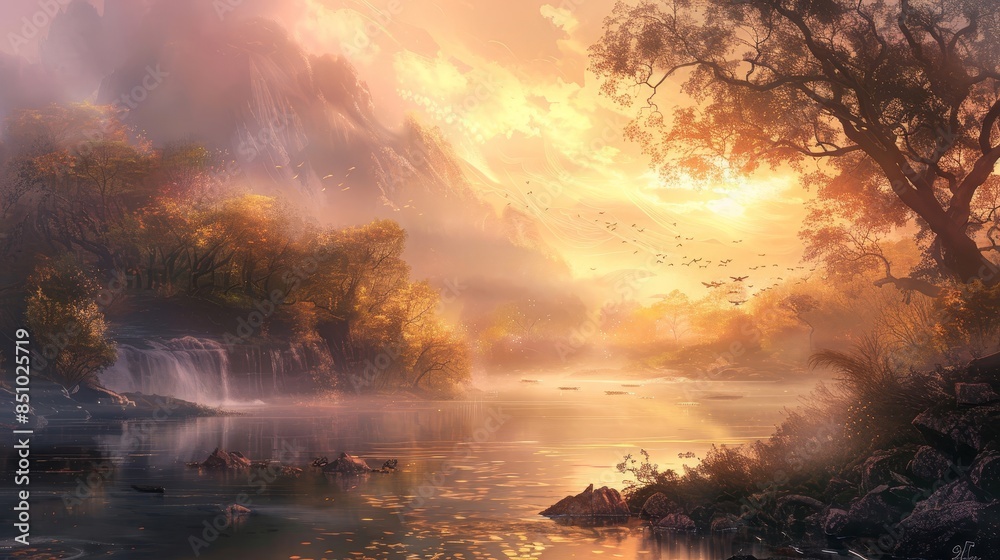 Golden light bathes serene landscape with mist creating a calm oasis in chaos Golden light bathes serene landscape with mist creating a calm oasis in chaos