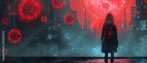 A person stands before a futuristic cityscape with a glowing red virus symbolizing the pandemic looming overhead. photo