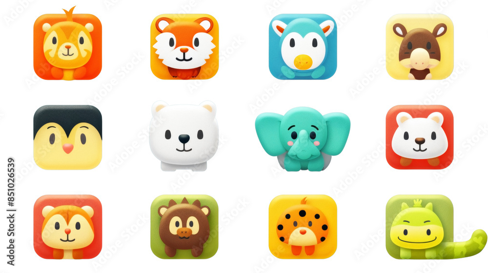 Obraz premium Cute animal icons in colorful squares for children s app or website design, Cut-out 