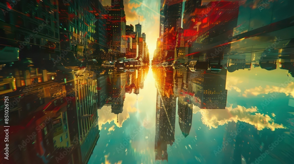 Fototapeta premium The image features a stunning reflection of a sunset between high-rise buildings, creating a symmetrical urban scene