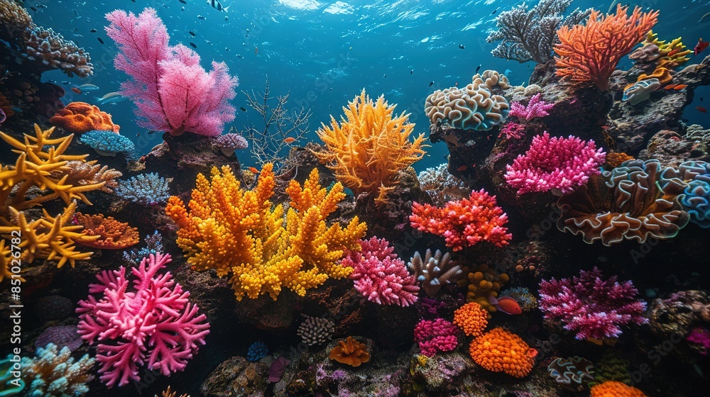   An underwater perspective showcasing vibrant corals in various hues, adorning the ocean floor