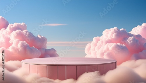 Fototapeta Naklejka Na Ścianę i Meble -  Surreal cloud podium outdoor on blue sky pink pastel soft fluffy clouds with empty space.Beauty cosmetic product placement pedestal present promotion minimal display,summer paradise dreamy concept.