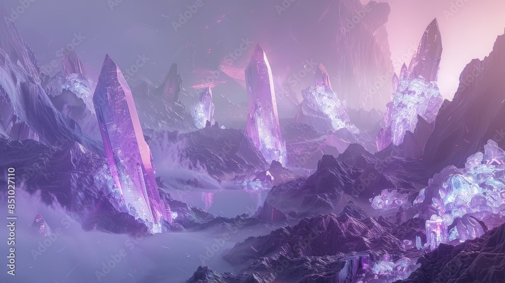 Obraz premium Crystalline structures and iridescent surfaces in a serene otherworldly landscape