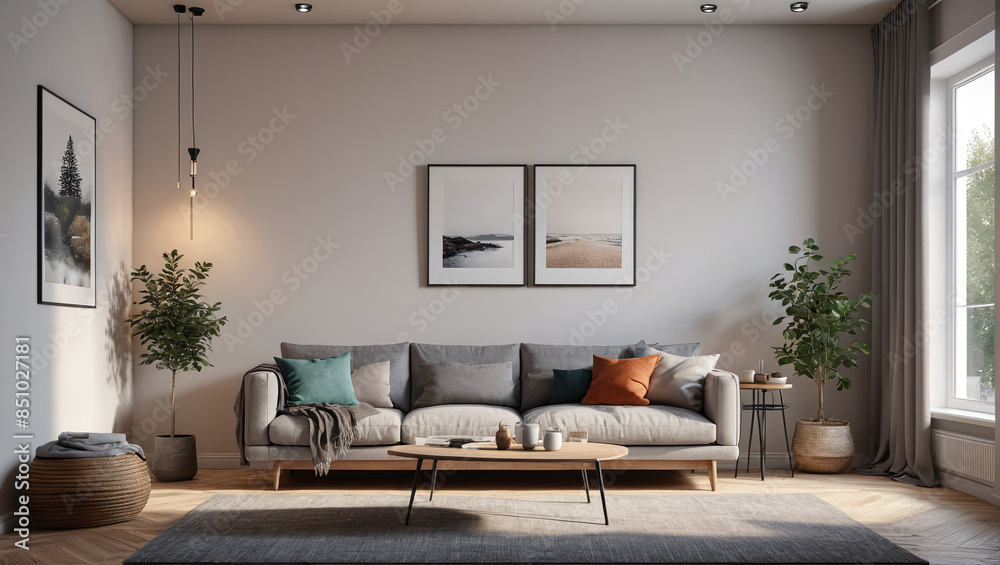 Fototapeta premium Minimalist Scandinavian Refuge: Peaceful Room with an Empty Wall and Nordic Simplicity, Generative AI
