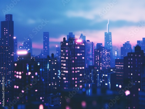 Stadt bei Dämmerung mit blauen und rosa Lichtern