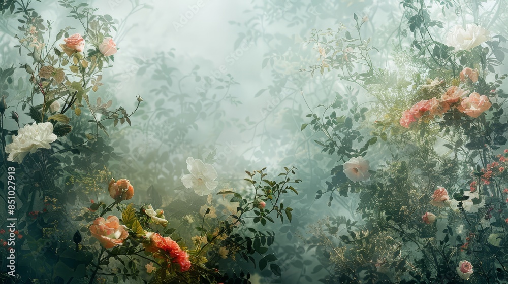 Floral patterns with ethereal mist evoke a mysterious garden
