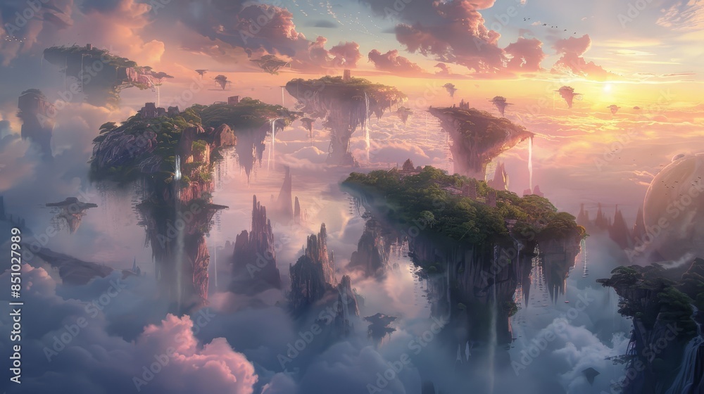 Fototapeta premium Pastel clouds with floating islands waterfalls and lush greenery