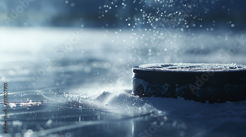 Snow-covered puck resting on icy surface after a thrilling hockey game