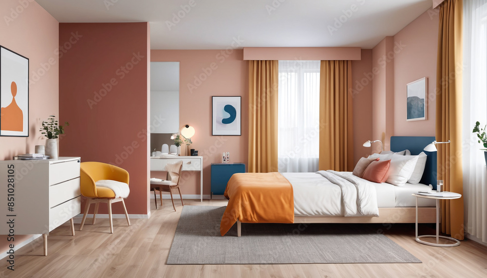 Fototapeta premium An style hotel suite with a plain wall, adorned in soft and subdued colors, creating a peaceful and elegant atmosphere for guests to enjoy a restful stay, Generative AI