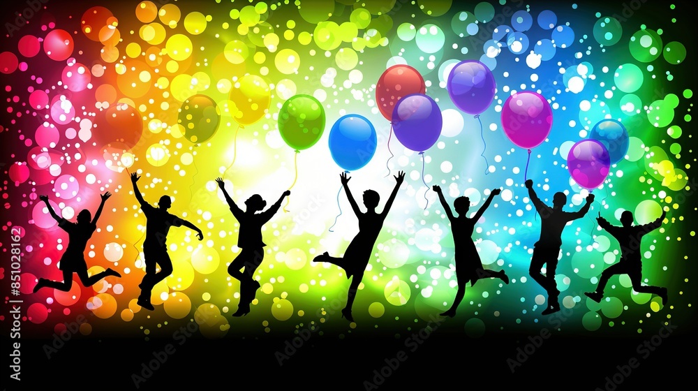 A diverse group of individuals joyfully leap into the sky with iridescent balloons amidst a backdrop of vibrant rainbows and floating bubbles A diverse group of individuals joyfully leap into the sky with iridescent balloons amidst a backdrop of vibrant rainbows and floating bubbles