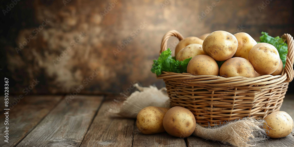 Banner with Fresh baby potatoes with dill in a wicker basket, showcased on a rustic table, ideal for themes of organic produce and sustainable farming. Eco friendly harvest. Copy space Banner with Fresh baby potatoes with dill in a wicker basket, showcased on a rustic table, ideal for themes of organic produce and sustainable farming. Eco friendly harvest. Copy space