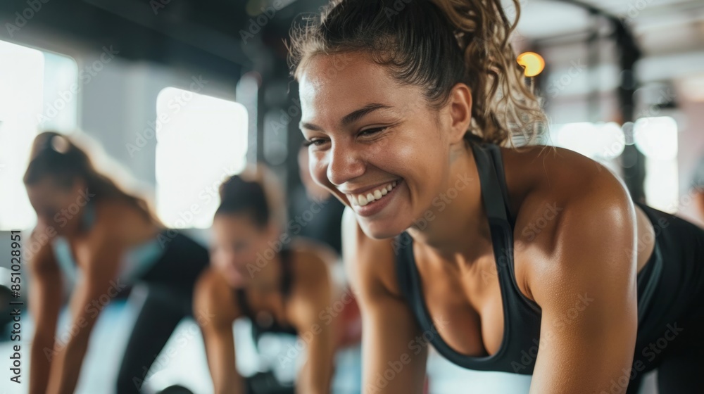 A woman smiles during a fitness class in a modern gym. A woman smiles during a fitness class in a modern gym.