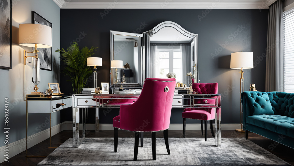 Chic home office with a mirrored desk and plush velvet chair, blending functionality with Hollywood glam style, Generative AI Chic home office with a mirrored desk and plush velvet chair, blending functionality with Hollywood glam style, Generative AI