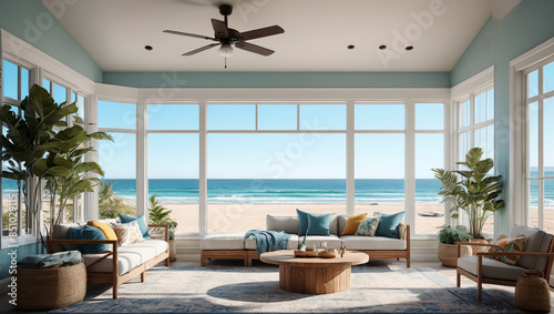 A relaxing sunroom with large windows and beachthemed decor, capturing the light and beauty of the coast, Generative AI photo