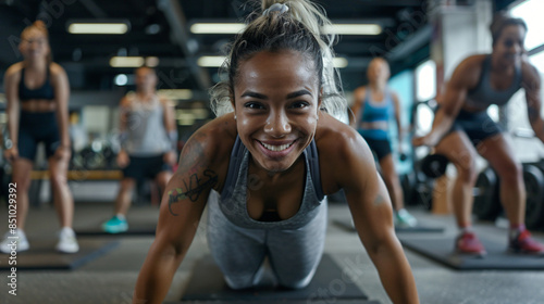 Fit woman is working out on the floor of a gym with other athletes