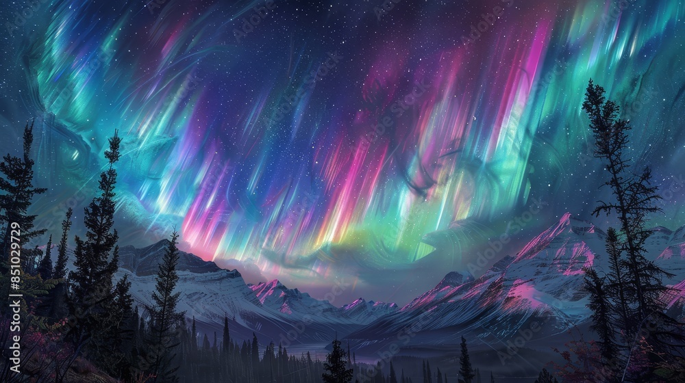 Fototapeta premium Iridescent light ribbons dance across the sky in a celestial panorama