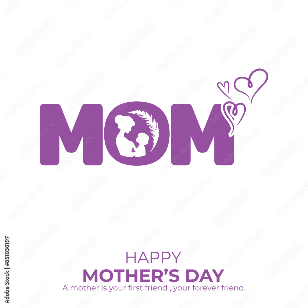 Fototapeta premium Happy Mother's day poster with heart, mom and baby vector illustration. With gradient gray and white background.