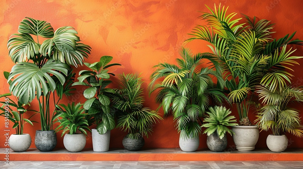 A row of potted plants sits atop a wooden shelf beside a red wall A row of potted plants sits atop a wooden shelf beside a red wall