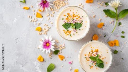Overhead shot of Thandai, detailed view of rich Indian beverage with traditional garnishes, placed on a light background for a clean, stock photo look