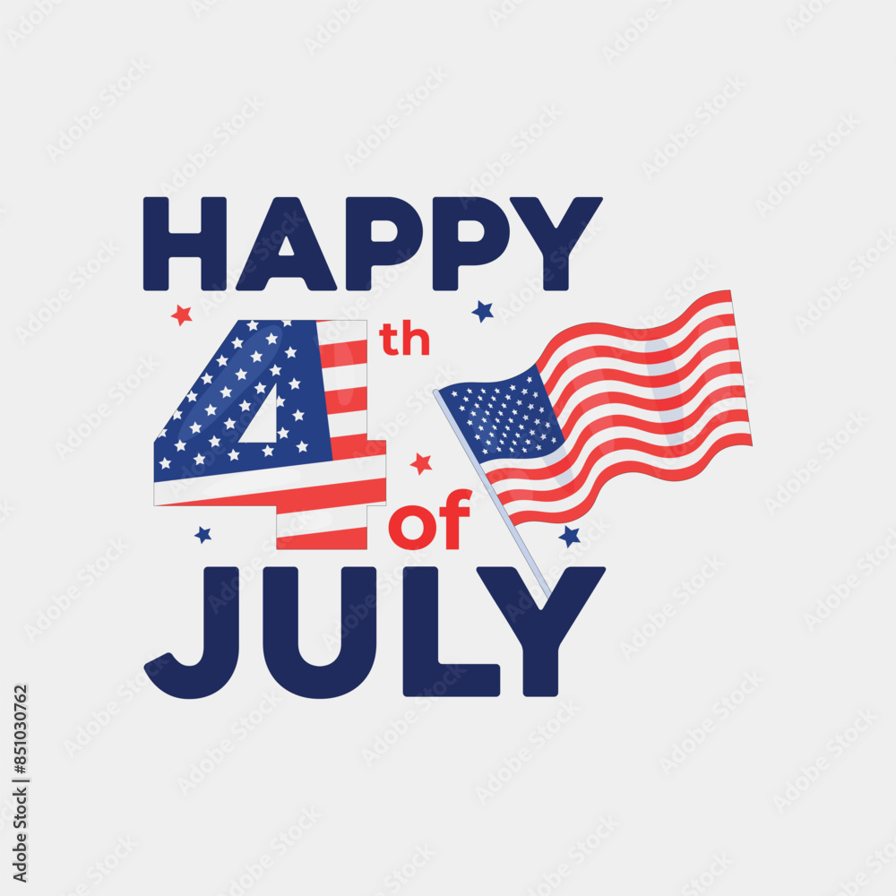 Happy 4th of July hand lettering card. American Independence Day banner, poster with United States flag, stars and stripes. Red and Blue color. Happy Happy 4th of July hand lettering card. American Independence Day banner, poster with United States flag, stars and stripes. Red and Blue color. Happy