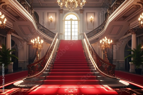 Regal Red Carpet Staircase with Ornate Golden railing, luxury Interior design