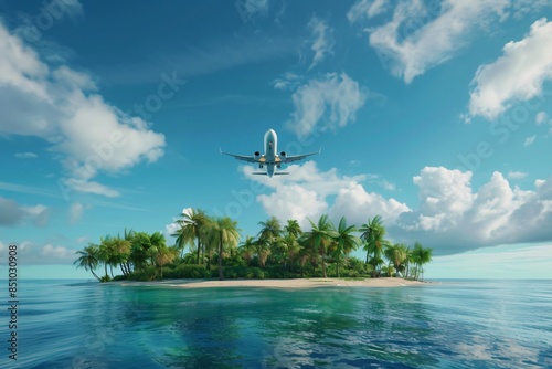 Passenger airplane flies in the blue sky over the tropical ocean and an island with palm trees. Bottom view, Travel and Adventure concept.