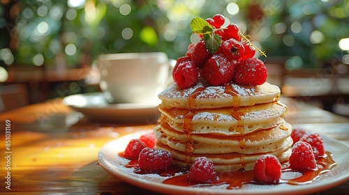  Stacked pancakes on white plate with syrup & strawberries, beside coffee