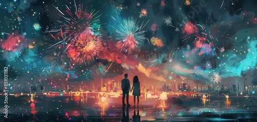 A couple standing by a waterfront, watching a vibrant fireworks display illuminating the night sky. Romantic and colorful celebration.