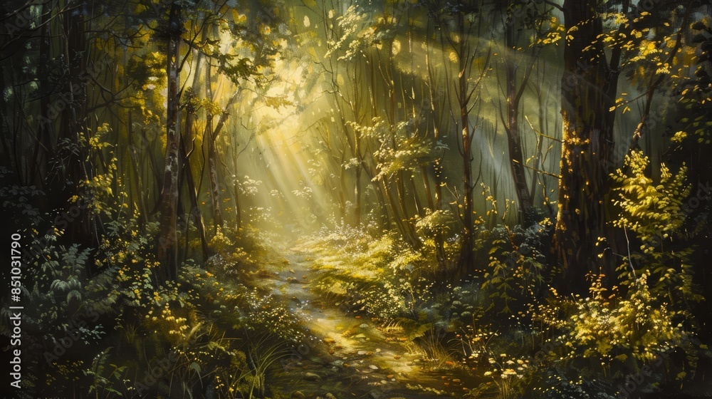 Fototapeta premium Whimsical hidden glade lit by shafts of golden sunlight enchanting patterns