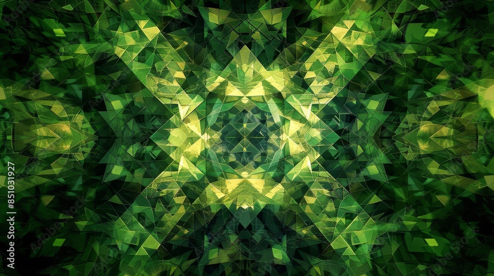Obraz premium Overlapping green shapes in dynamic kaleidoscopic pattern