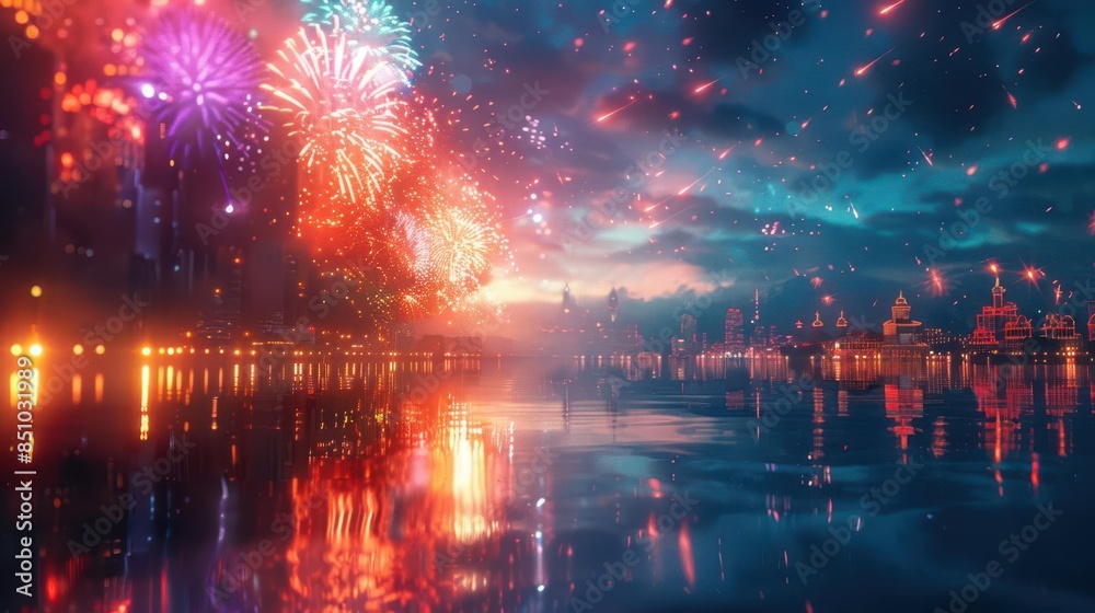 Fototapeta premium Colorful fireworks light up the night sky over a serene riverscape, reflecting vibrant hues off the water during a festive celebration.