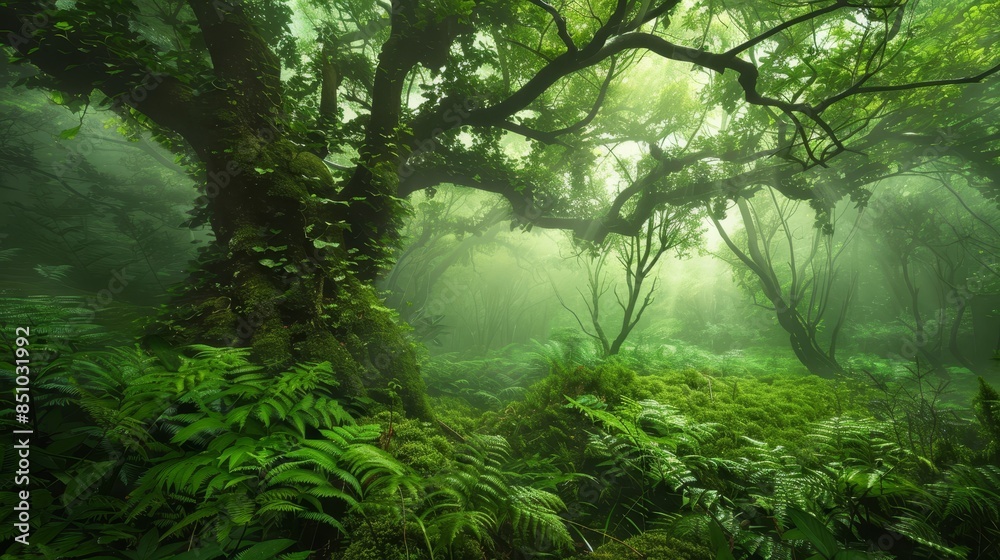 Obraz premium Mystical forest shrouded in green mist with ancient trees and wildflowers