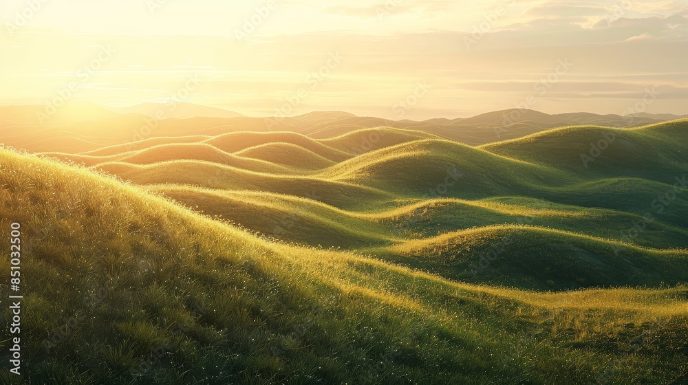 Obraz premium Hills of emerald grass bathed in golden sunset light