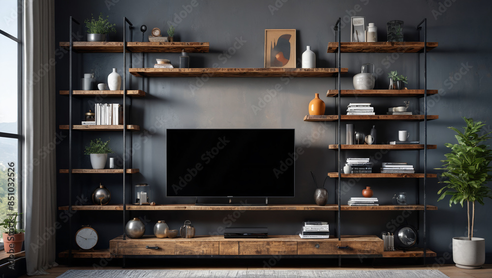 A tranquil lounge with a mix of reclaimed wood and metal shelves, embodying industrial chic and relaxation, Generative AI A tranquil lounge with a mix of reclaimed wood and metal shelves, embodying industrial chic and relaxation, Generative AI