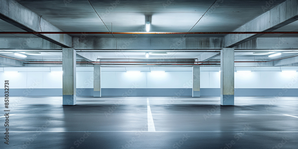 Obraz premium Concrete parking structure with empty spaces, modern design and copy space, urban architecture concept