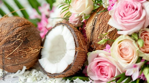  A pair of coconuts resting on a table beside a bouquet of flowers and a cluster of pink roses