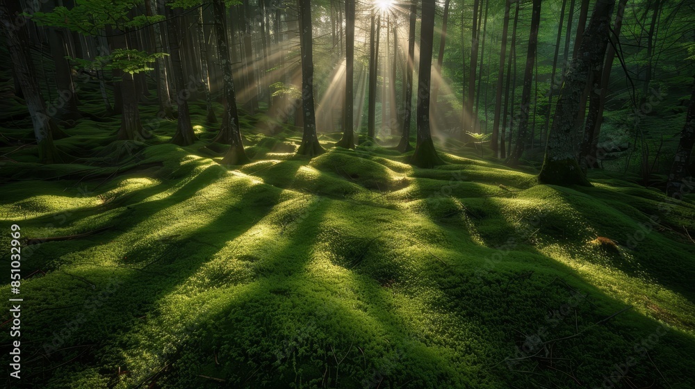 Fototapeta premium Forest floor dappled with light and shadow from dense canopy
