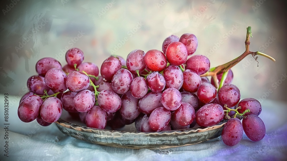 Close-up of a bowl of grapes with water droplets on the grapes, and the fruit remains on the table Close-up of a bowl of grapes with water droplets on the grapes, and the fruit remains on the table