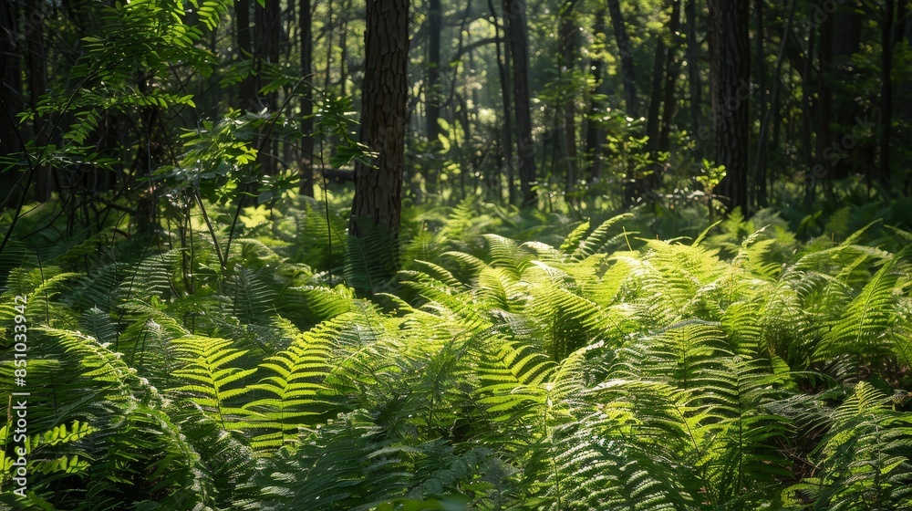 Fototapeta premium Intricate shadows cast by dense ferns on forest floor